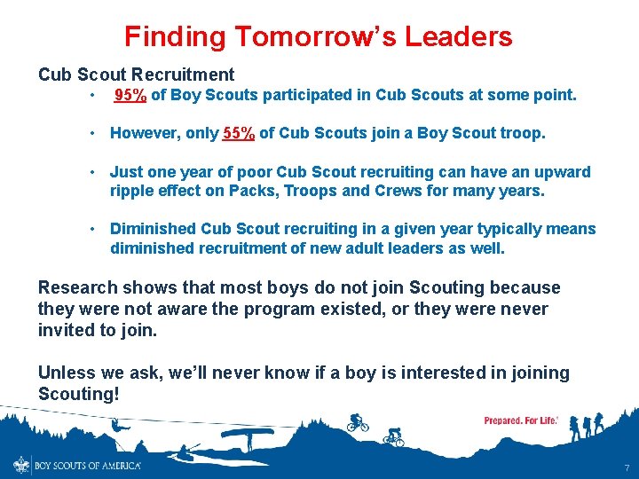 Finding Tomorrow’s Leaders Cub Scout Recruitment • 95% of Boy Scouts participated in Cub