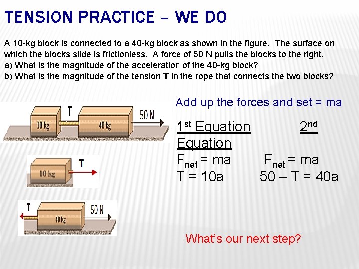 TENSION PRACTICE – WE DO A 10 -kg block is connected to a 40