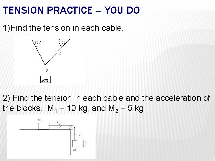 TENSION PRACTICE – YOU DO 1) Find the tension in each cable. 2) Find TENSION PRACTICE – YOU DO 1) Find the tension in each cable. 2) Find