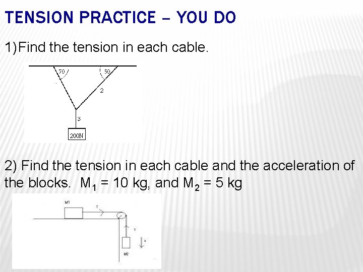 TENSION PRACTICE – YOU DO 1) Find the tension in each cable. 2) Find