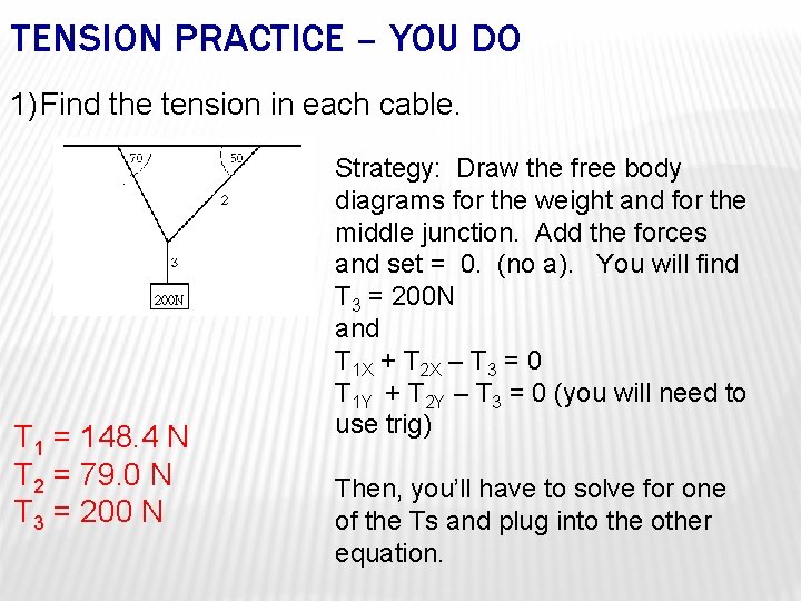 TENSION PRACTICE – YOU DO 1) Find the tension in each cable. T 1