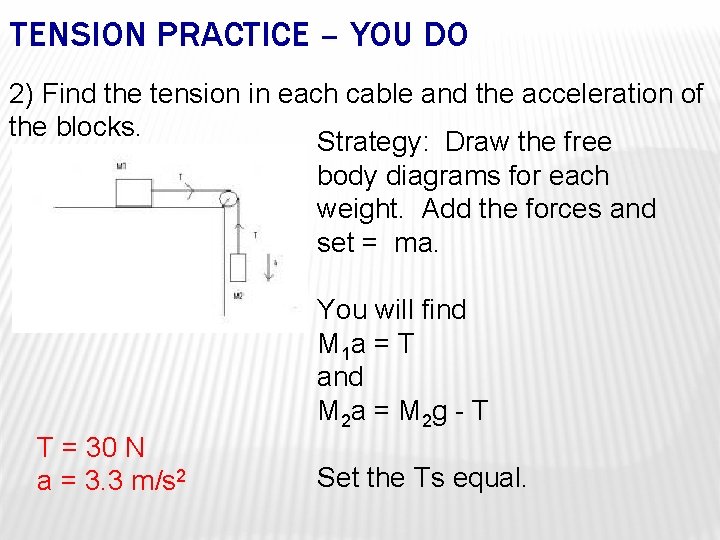 TENSION PRACTICE – YOU DO 2) Find the tension in each cable and the