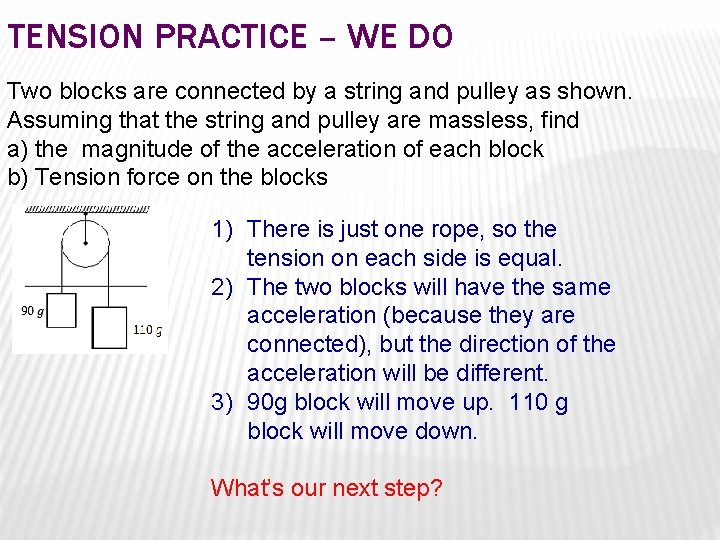 TENSION PRACTICE – WE DO Two blocks are connected by a string and pulley TENSION PRACTICE – WE DO Two blocks are connected by a string and pulley