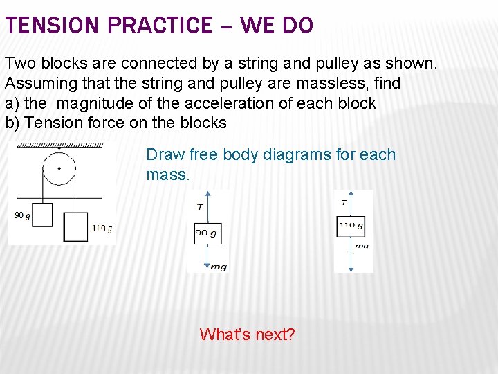 TENSION PRACTICE – WE DO Two blocks are connected by a string and pulley TENSION PRACTICE – WE DO Two blocks are connected by a string and pulley