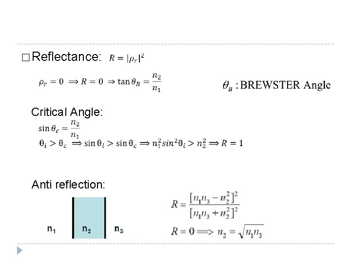 � Reflectance: Critical Angle: Anti reflection: 