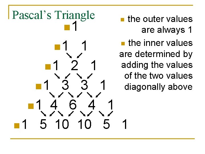 Pascal’s Triangle n 1 n 1 1 the outer values are always 1 n