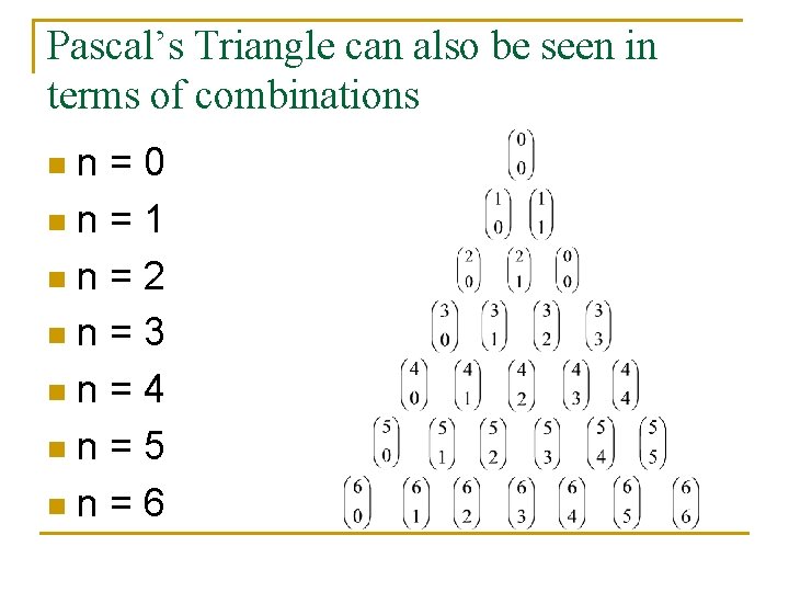 Pascal’s Triangle can also be seen in terms of combinations n=0 nn = 1