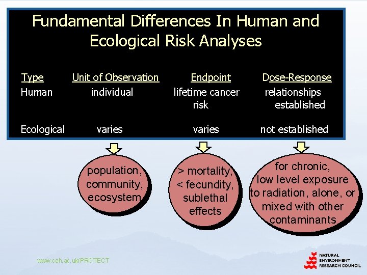 Fundamental Differences In Human and Ecological Risk Analyses Type Human Ecological Unit of Observation