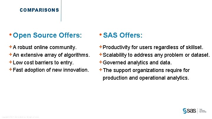 COMPARISONS • Open Source Offers: • SAS Offers: +A robust online community. +An extensive