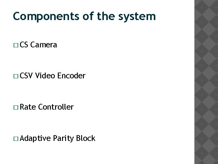 Components of the system � CS Camera � CSV Video Encoder � Rate Controller