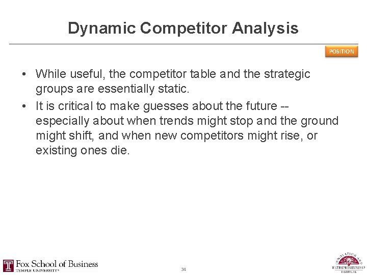 Dynamic Competitor Analysis POSITION • While useful, the competitor table and the strategic groups