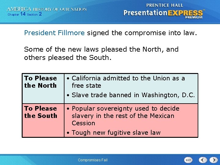 Chapter 14 Section 2 President Fillmore signed the compromise into law. Some of the