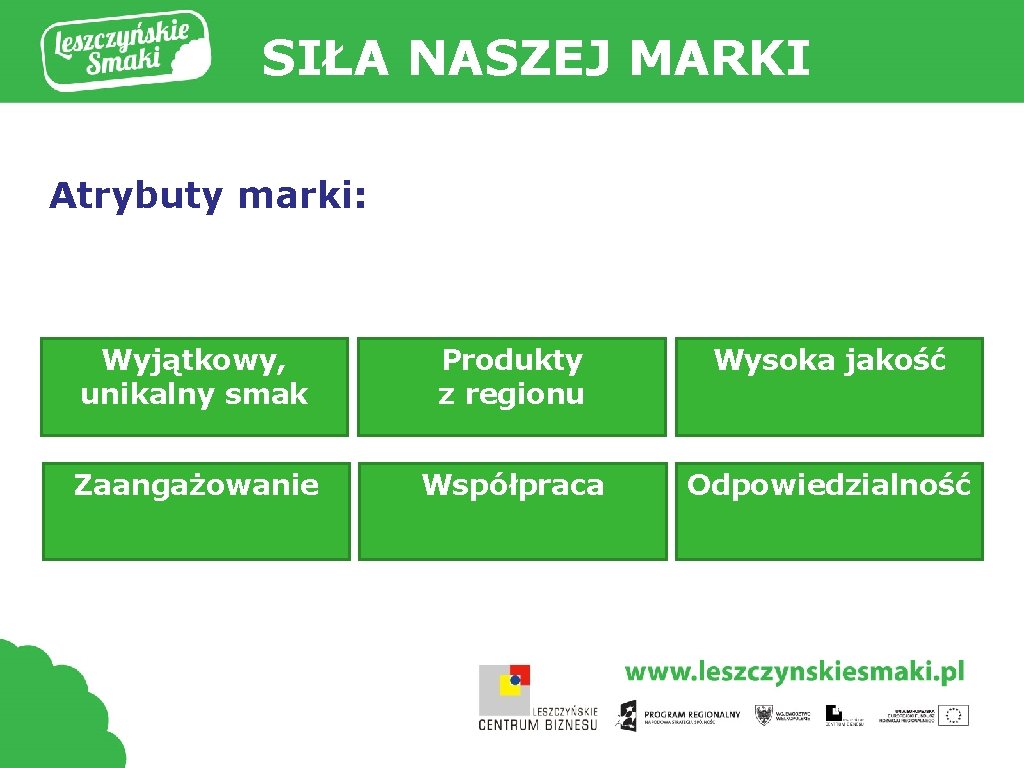 SIŁA NASZEJ MARKI Atrybuty marki: Wyjątkowy, unikalny smak Produkty z regionu Wysoka jakość Zaangażowanie