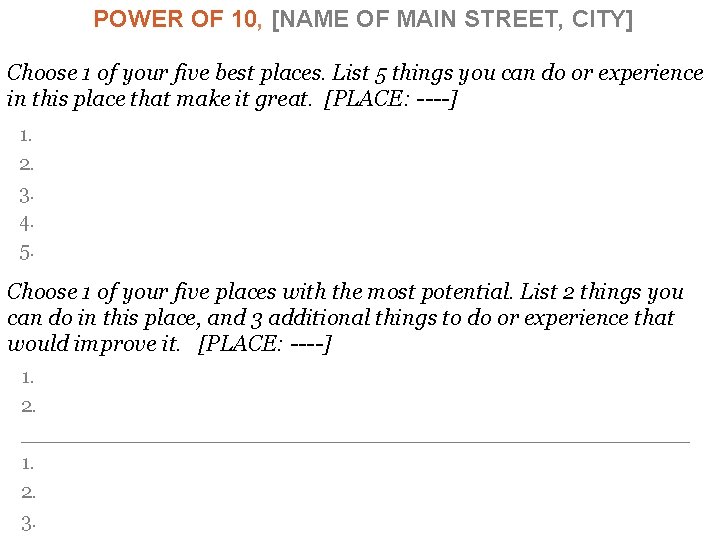 POWER OF 10, [NAME OF MAIN STREET, CITY] Choose 1 of your five best