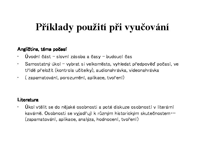Příklady použití při vyučování Angličtina, téma počasí • Úvodní část – slovní zásoba a