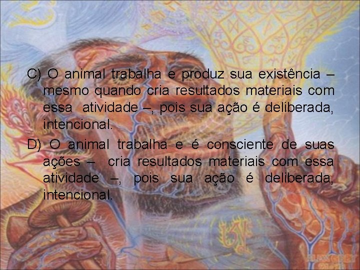 C) O animal trabalha e produz sua existência – mesmo quando cria resultados materiais