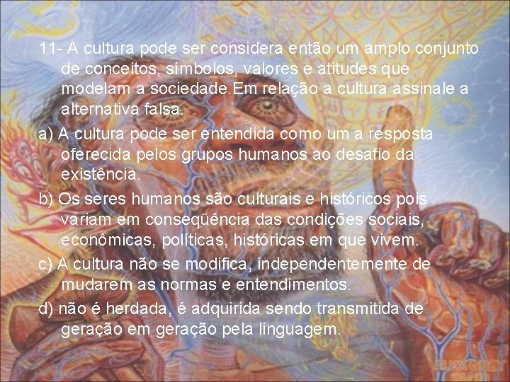 11 - A cultura pode ser considera então um amplo conjunto de conceitos, símbolos,
