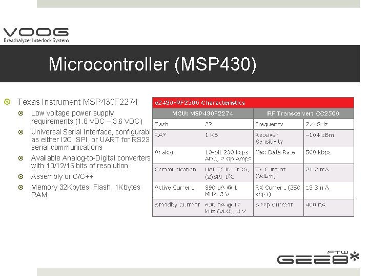 Microcontroller (MSP 430) Texas Instrument MSP 430 F 2274 Low voltage power supply requirements