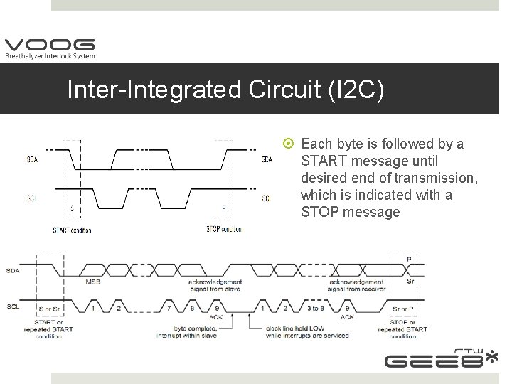 Inter-Integrated Circuit (I 2 C) Each byte is followed by a START message until