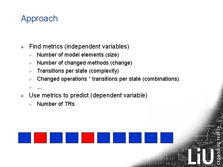 Approach Ø Find metrics (independent variables) Ø Ø Ø Number of model elements (size)