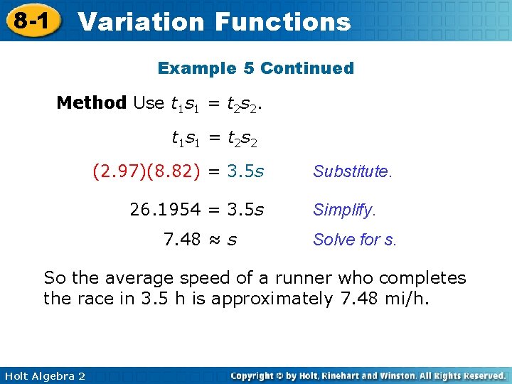 8 -1 Variation Functions Example 5 Continued Method Use t 1 s 1 =