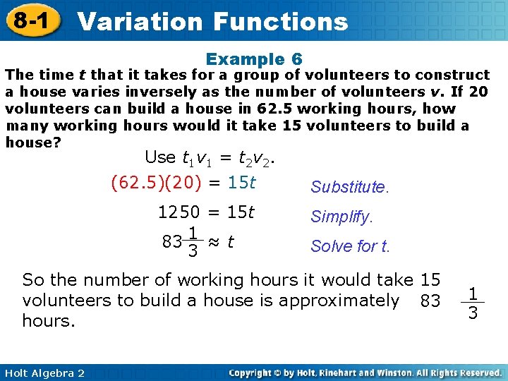 8 -1 Variation Functions Example 6 The time t that it takes for a