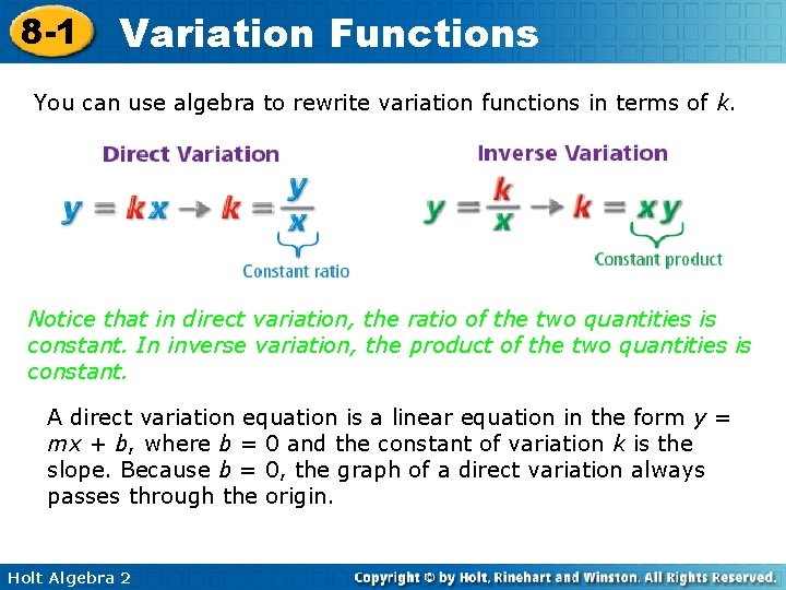 8 -1 Variation Functions You can use algebra to rewrite variation functions in terms