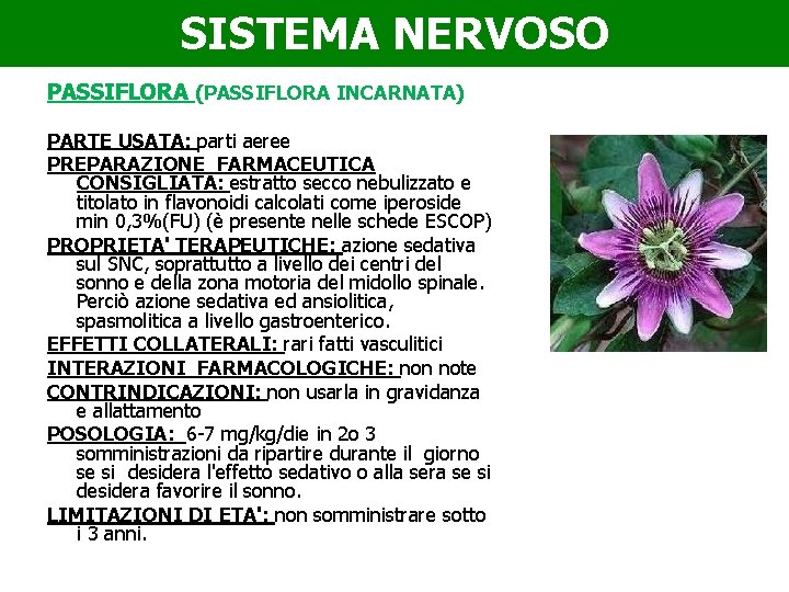 SISTEMA NERVOSO PASSIFLORA (PASSIFLORA INCARNATA) PARTE USATA: parti aeree PREPARAZIONE FARMACEUTICA CONSIGLIATA: estratto secco