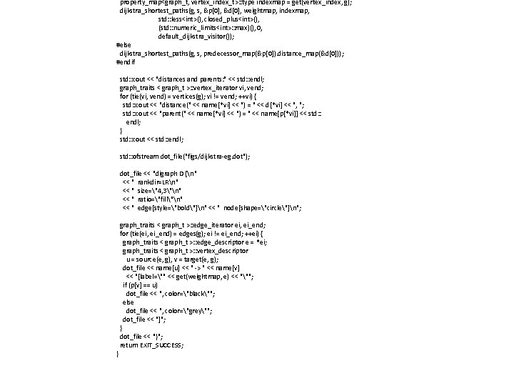 property_map<graph_t, vertex_index_t>: : type indexmap = get(vertex_index, g); dijkstra_shortest_paths(g, s, &p[0], &d[0], weightmap, indexmap,