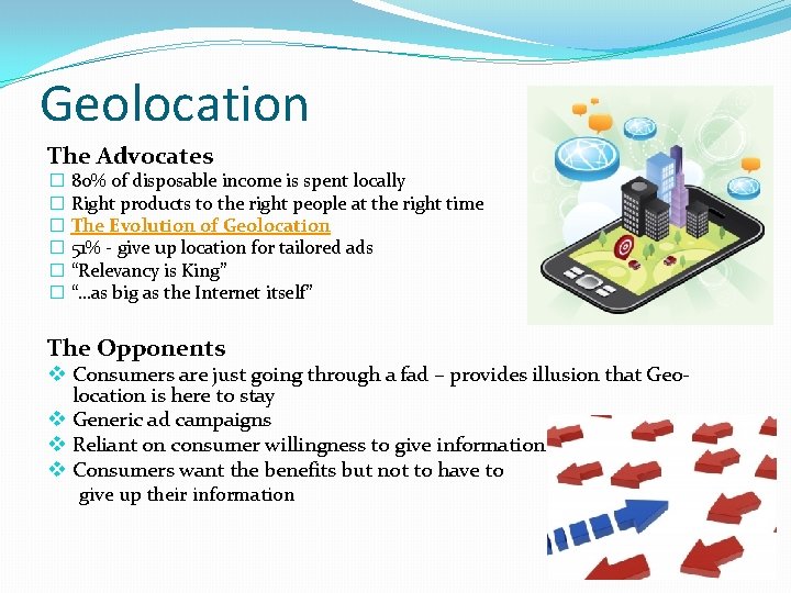 Geolocation The Advocates � 80% of disposable income is spent locally � Right products