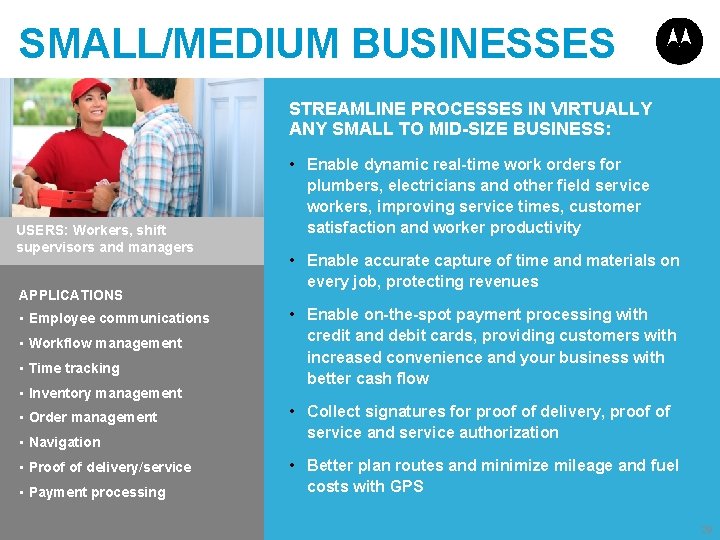 SMALL/MEDIUM BUSINESSES STREAMLINE PROCESSES IN VIRTUALLY ANY SMALL TO MID-SIZE BUSINESS: USERS: Workers, shift