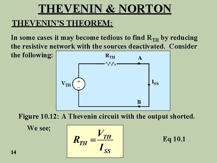 THEVENIN & NORTON THEVENIN’S THEOREM: In some cases it may become tedious to find