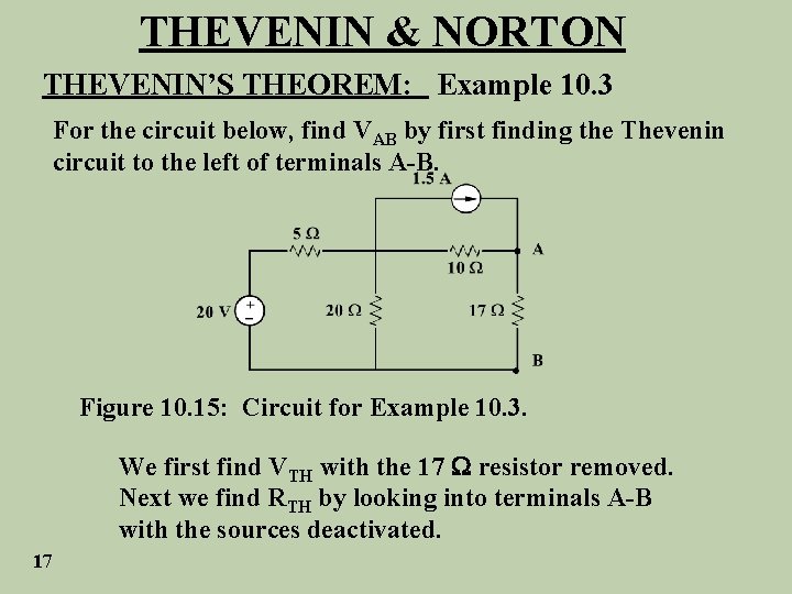 THEVENIN & NORTON THEVENIN’S THEOREM: Example 10. 3 For the circuit below, find VAB