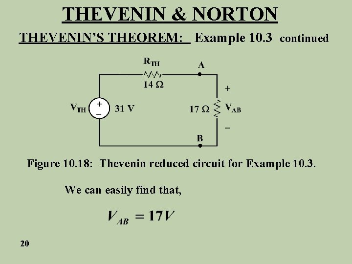 THEVENIN & NORTON THEVENIN’S THEOREM: Example 10. 3 continued Figure 10. 18: Thevenin reduced