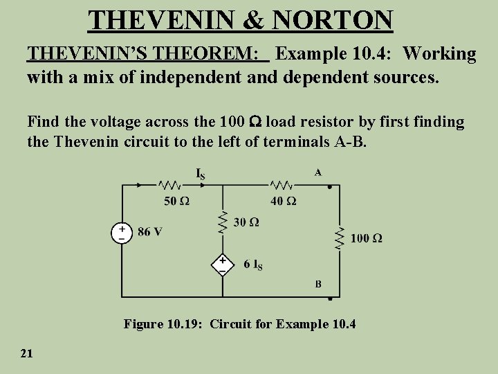 THEVENIN & NORTON THEVENIN’S THEOREM: Example 10. 4: Working with a mix of independent