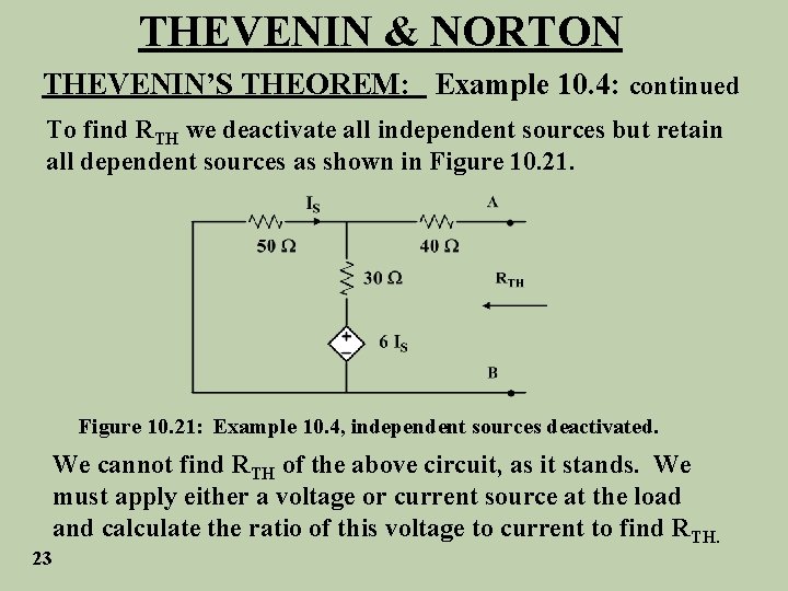 THEVENIN & NORTON THEVENIN’S THEOREM: Example 10. 4: continued To find RTH we deactivate