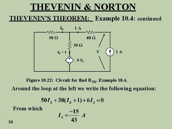 THEVENIN & NORTON THEVENIN’S THEOREM: Example 10. 4: continued Figure 10. 22: Circuit for