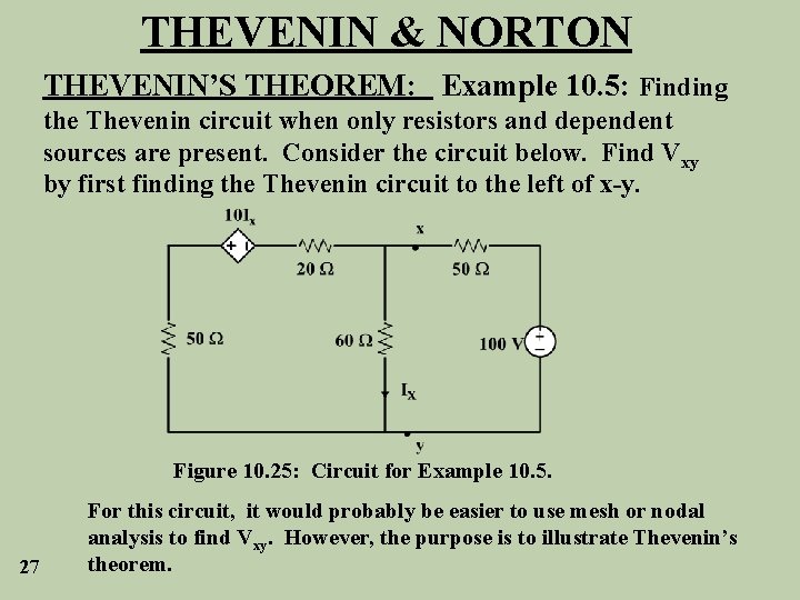 THEVENIN & NORTON THEVENIN’S THEOREM: Example 10. 5: Finding the Thevenin circuit when only
