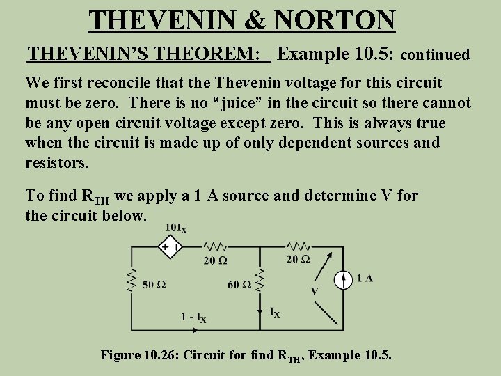 THEVENIN & NORTON THEVENIN’S THEOREM: Example 10. 5: continued We first reconcile that the