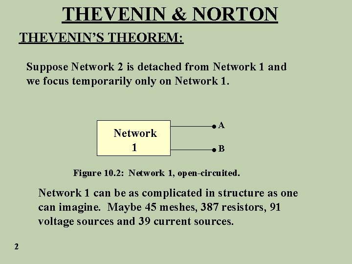 THEVENIN & NORTON THEVENIN’S THEOREM: Suppose Network 2 is detached from Network 1 and