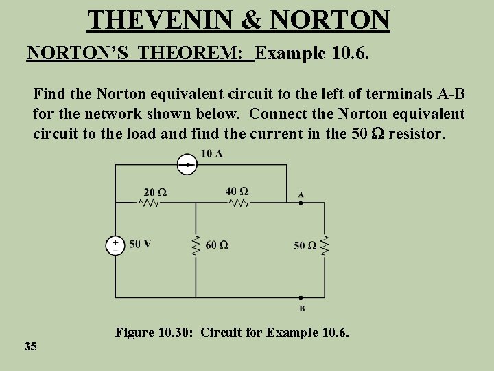 THEVENIN & NORTON’S THEOREM: Example 10. 6. Find the Norton equivalent circuit to the