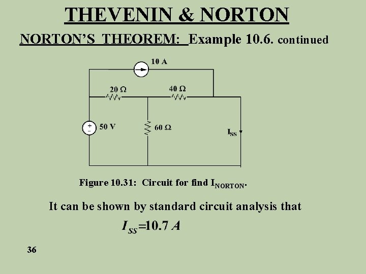 THEVENIN & NORTON’S THEOREM: Example 10. 6. continued Figure 10. 31: Circuit for find