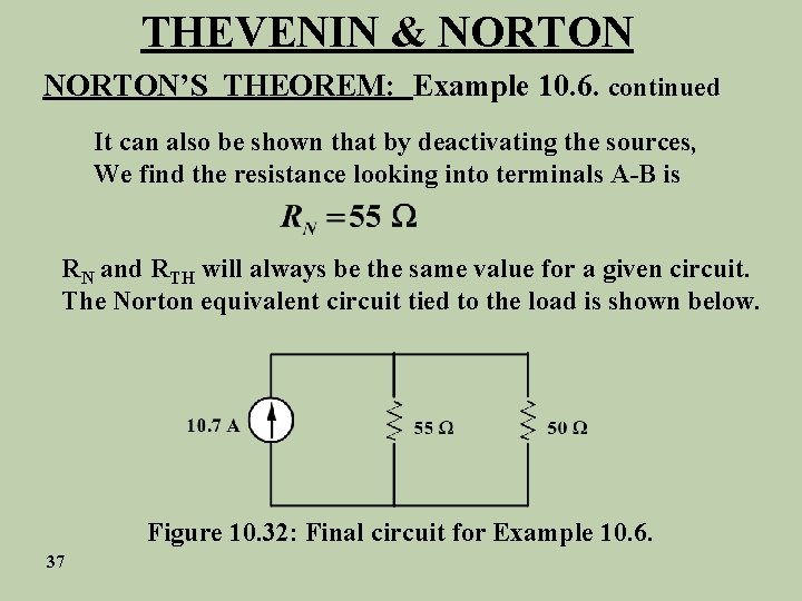 THEVENIN & NORTON’S THEOREM: Example 10. 6. continued It can also be shown that