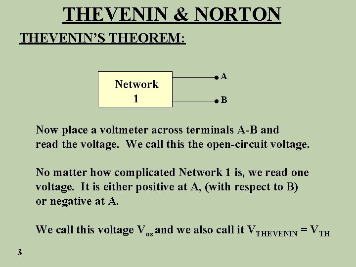 THEVENIN & NORTON THEVENIN’S THEOREM: Network 1 • A • B Now place a