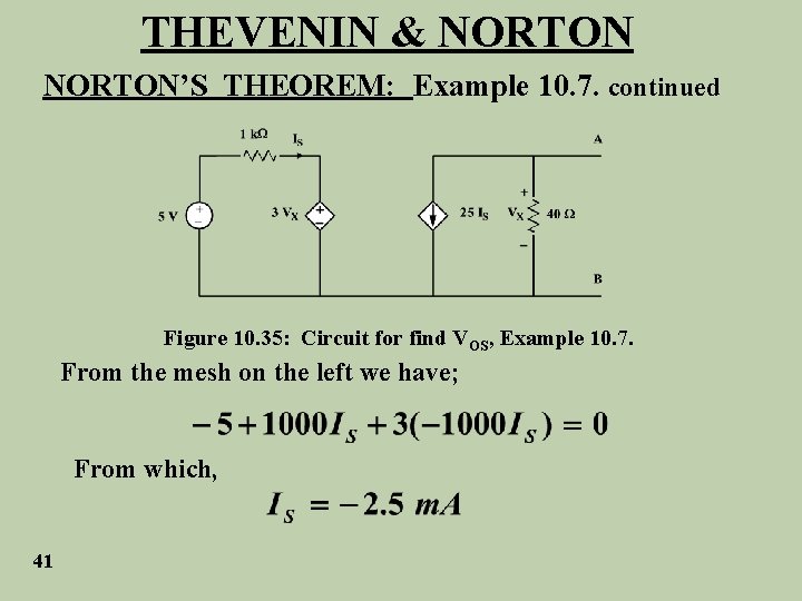 THEVENIN & NORTON’S THEOREM: Example 10. 7. continued Figure 10. 35: Circuit for find