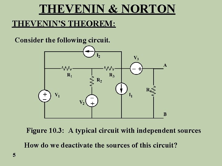 THEVENIN & NORTON THEVENIN’S THEOREM: Consider the following circuit. Figure 10. 3: A typical