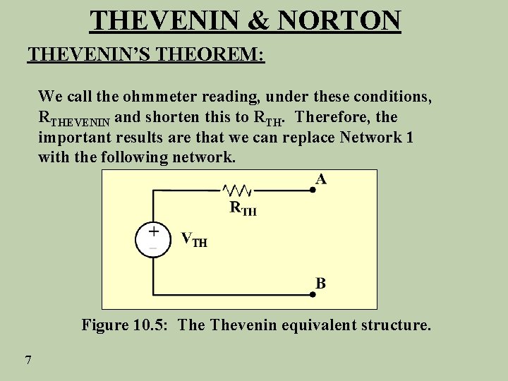 THEVENIN & NORTON THEVENIN’S THEOREM: We call the ohmmeter reading, under these conditions, RTHEVENIN