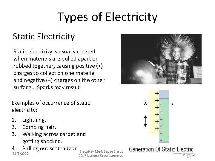 Types of Electricity Static electricity is usually created when materials are pulled apart or