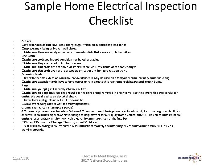 Sample Home Electrical Inspection Checklist • • • • • • • Outlets �Check