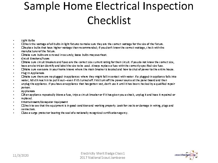 Sample Home Electrical Inspection Checklist • • • • • • Light Bulbs �Check